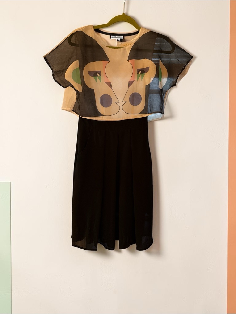 Anna Sui Beige Graphic Crop Top with Black Midi Dress
